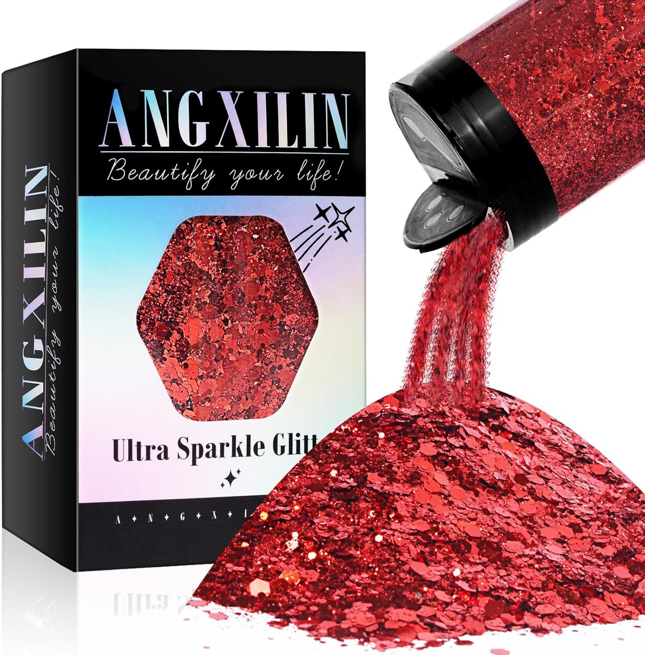 Chunky and Fine Mixed Craft Glitter, 190g/6.7oz Bulk Laser Sequin for Face Body Nail Art, Epoxy Resin Tumbler Jewelry Making (Chinese Red)